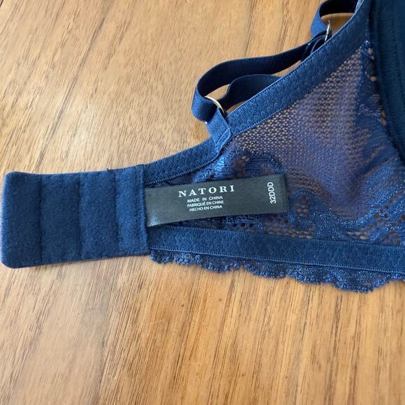 Natori Bra 32DD Feathers Plunge T Shirt Navy Gray Underwire Lace 730023 - Picture 10 of 13